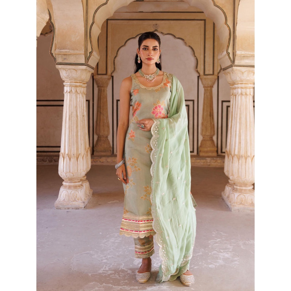 Bannhi Green Tissue Kurta With Pant and Dupatta