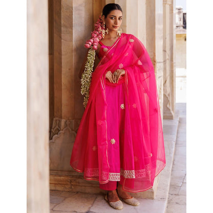 Bannhi Hot Pink Taffeta Silk, Gota Patti Work Anarkali With Pant and Dupatta