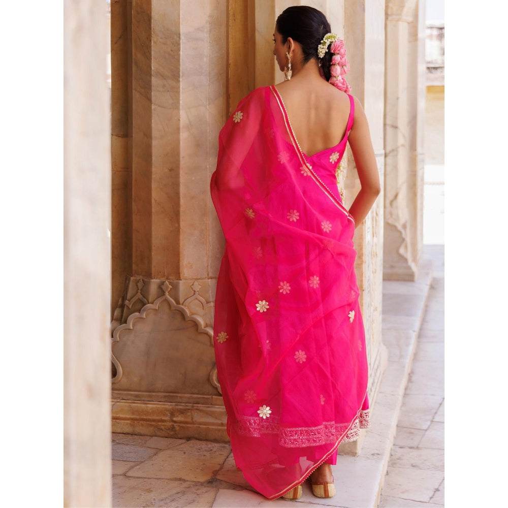 Bannhi Hot Pink Taffeta Silk, Gota Patti Work Anarkali With Pant and Dupatta