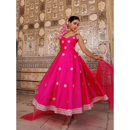 Bannhi Hot Pink Taffeta Silk, Gota Patti Work Anarkali With Pant and Dupatta