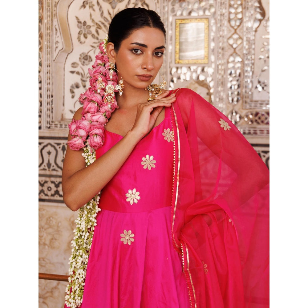 Bannhi Hot Pink Taffeta Silk, Gota Patti Work Anarkali With Pant and Dupatta