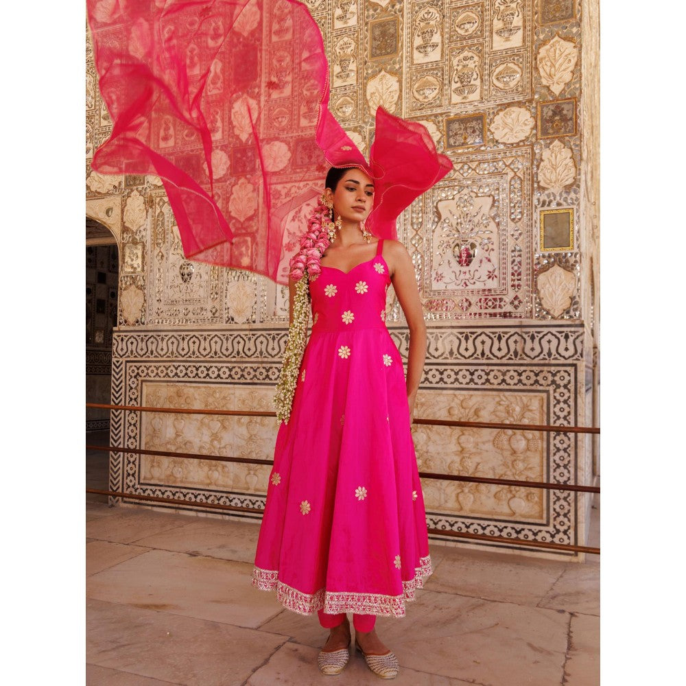 Bannhi Hot Pink Taffeta Silk, Gota Patti Work Anarkali With Pant and Dupatta