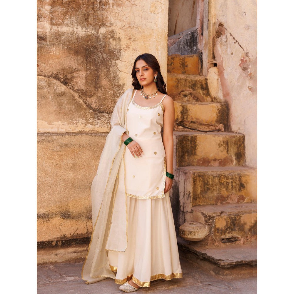 Bannhi Ivory Crepe Strappy Kurta With Sharara and Dupatta