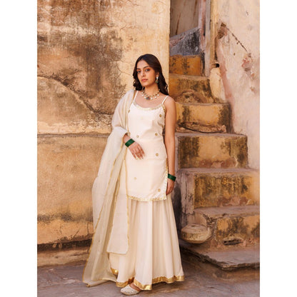 Bannhi Ivory Crepe Strappy Kurta With Sharara and Dupatta