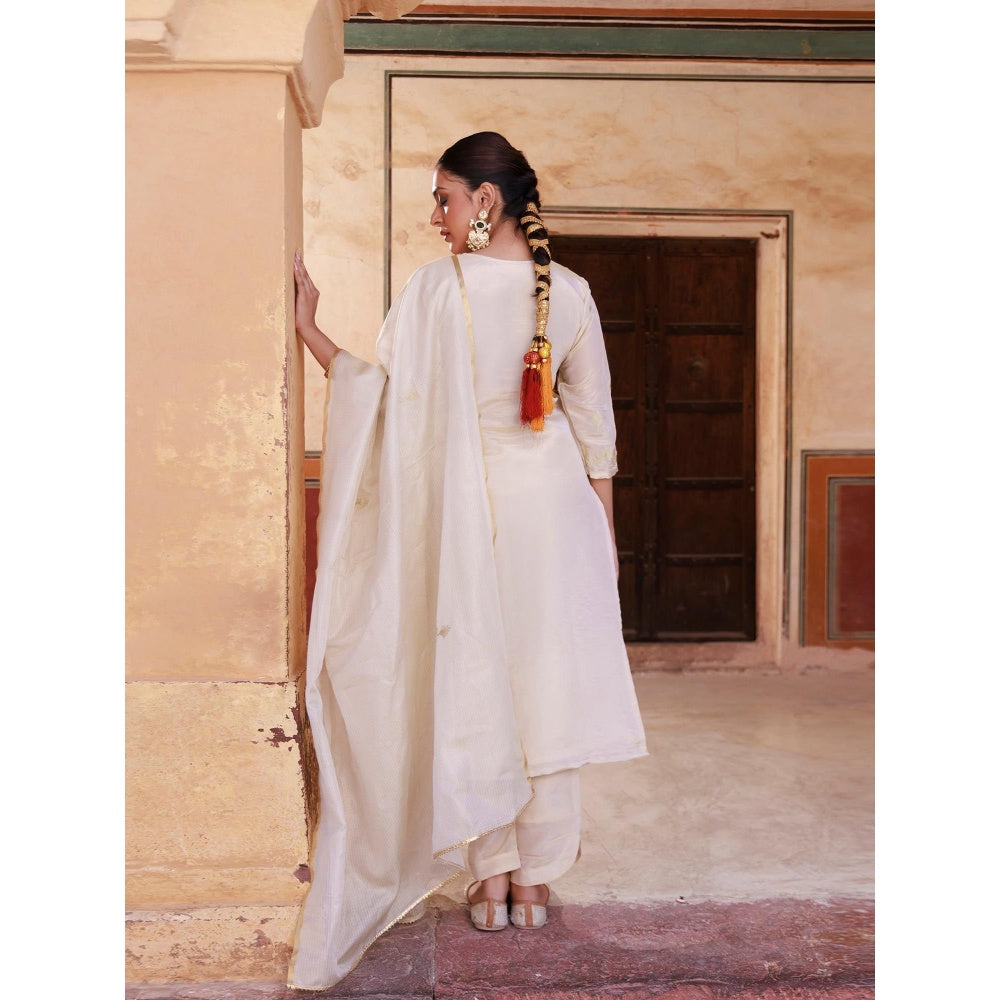 Bannhi Ivory Gold Embroidered Tissue Kurta With Pant and Dupatta