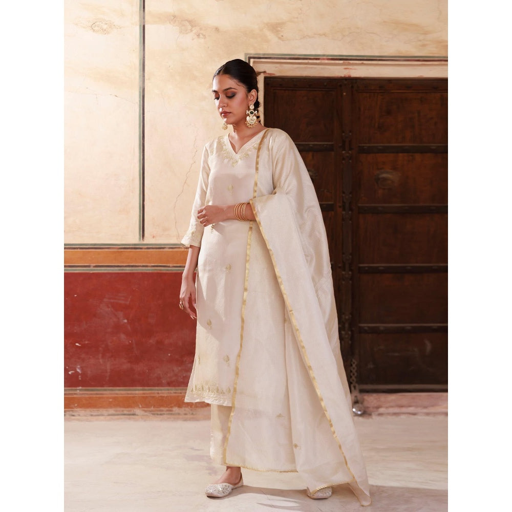 Bannhi Ivory Gold Embroidered Tissue Kurta With Pant and Dupatta