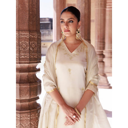 Bannhi Ivory Gold Embroidered Tissue Kurta With Pant and Dupatta