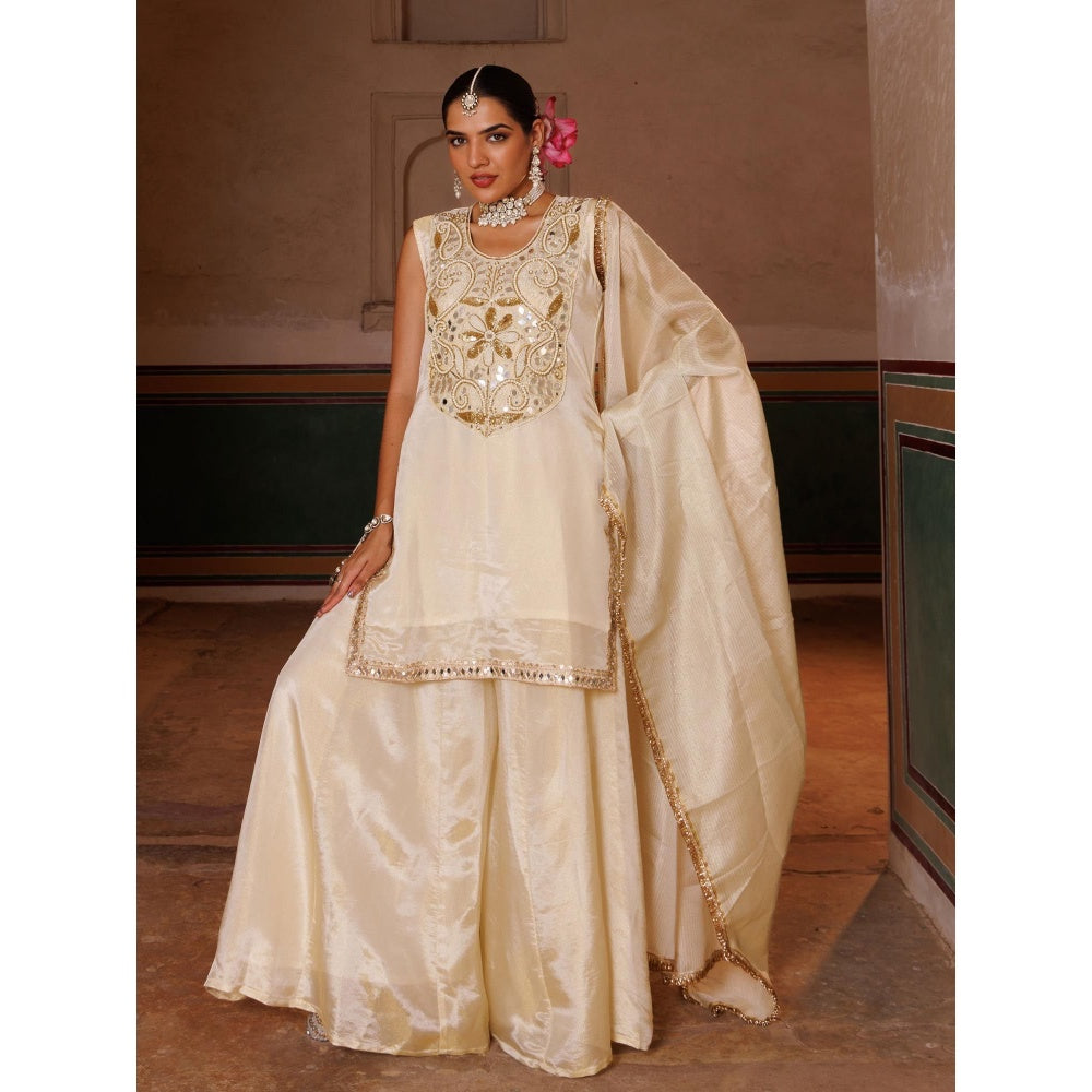 Bannhi Ivory Tissue Georgette Handwork Embroidered Kurta With Sharara and Dupatta