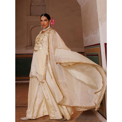 Bannhi Ivory Tissue Georgette Handwork Embroidered Kurta With Sharara and Dupatta