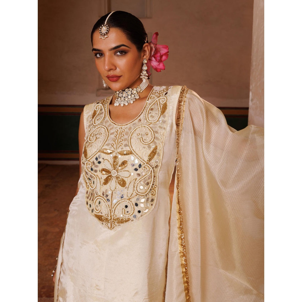 Bannhi Ivory Tissue Georgette Handwork Embroidered Kurta With Sharara and Dupatta