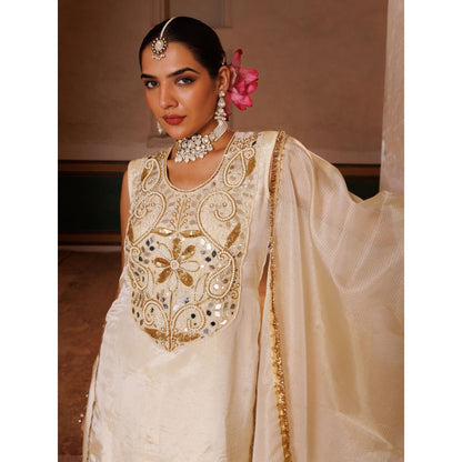Bannhi Ivory Tissue Georgette Handwork Embroidered Kurta With Sharara and Dupatta