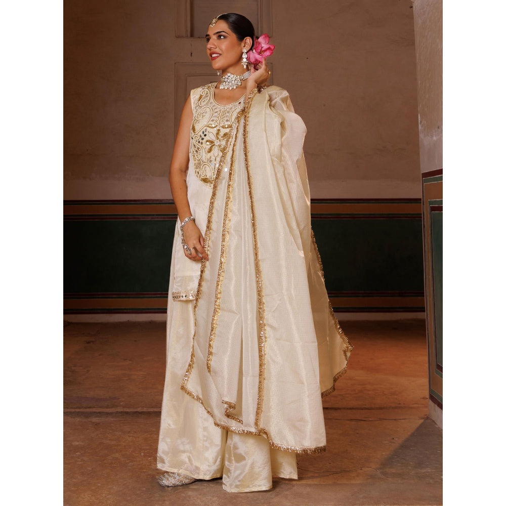 Bannhi Ivory Tissue Georgette Handwork Embroidered Kurta With Sharara and Dupatta