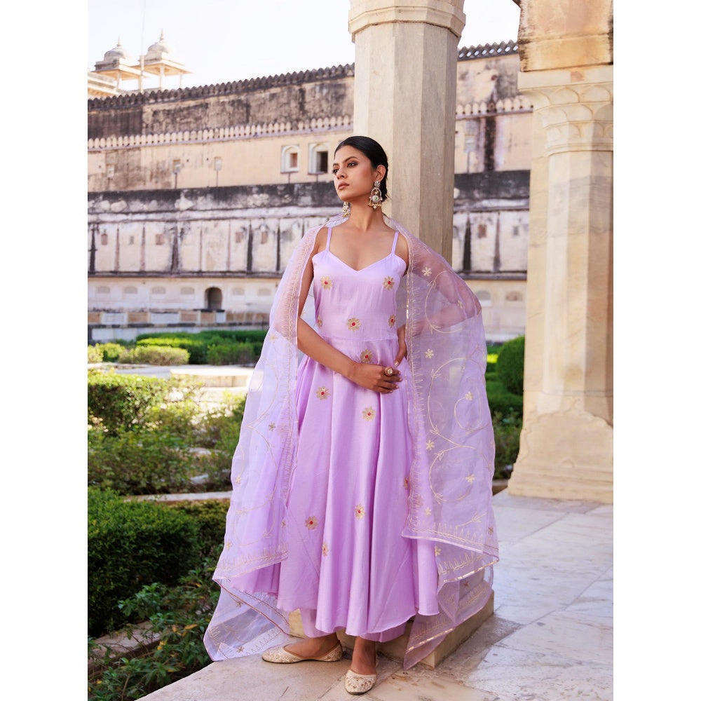 Bannhi Lavender Aari Embroidered Strappy Cotton Silk Anarkali With Pant and Dupatta