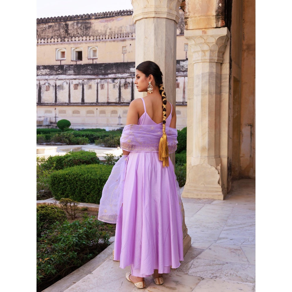 Bannhi Lavender Aari Embroidered Strappy Cotton Silk Anarkali With Pant and Dupatta