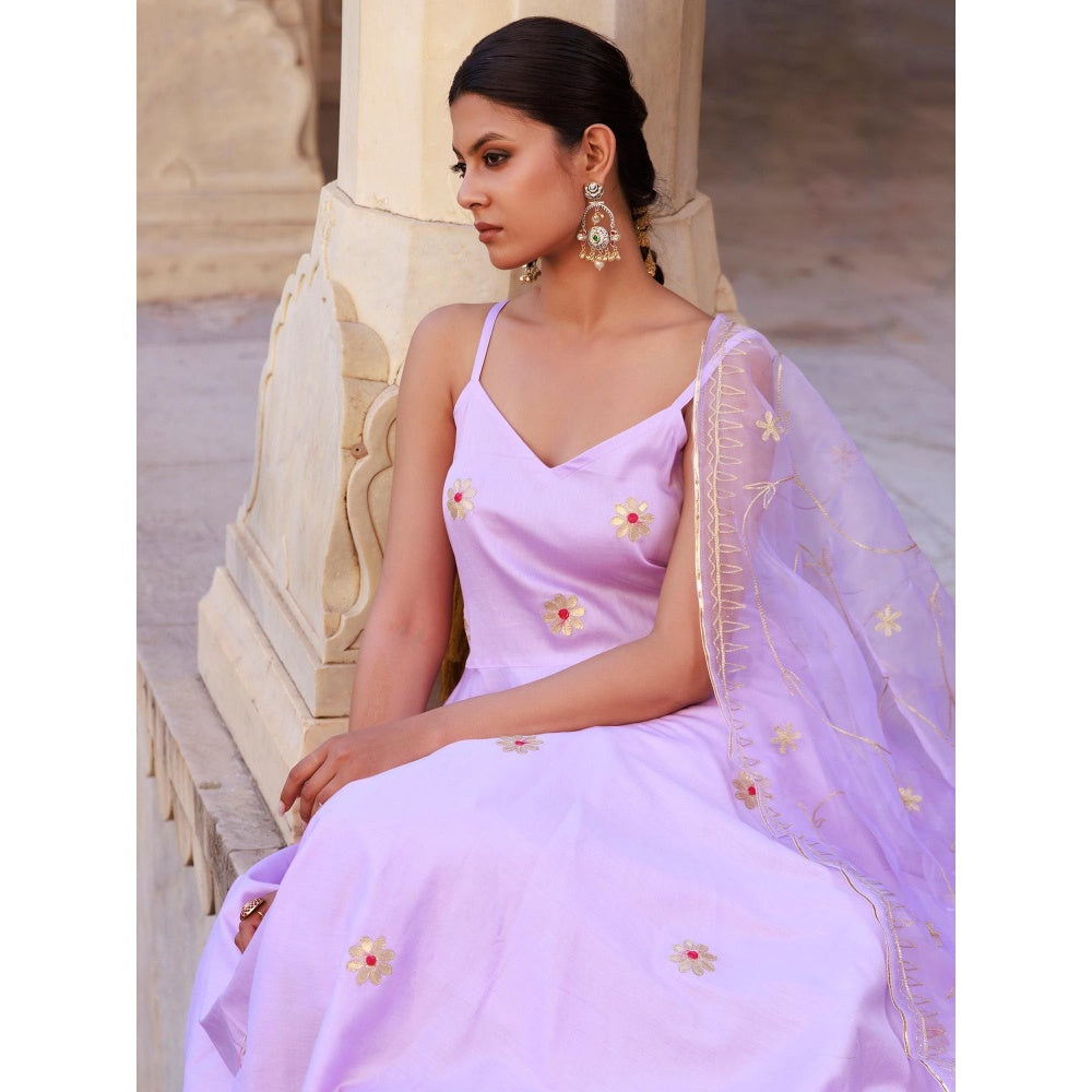 Bannhi Lavender Aari Embroidered Strappy Cotton Silk Anarkali With Pant and Dupatta