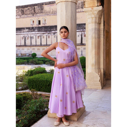 Bannhi Lavender Aari Embroidered Strappy Cotton Silk Anarkali With Pant and Dupatta