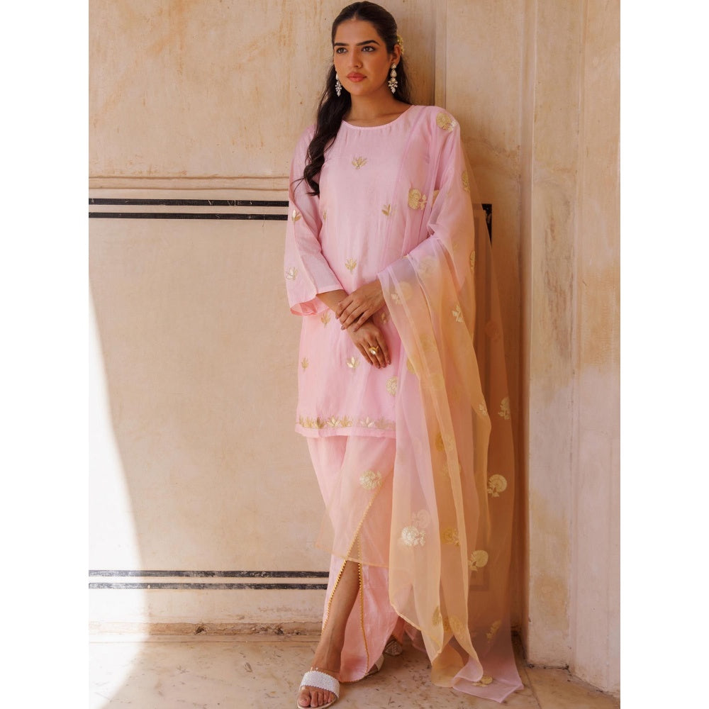 Bannhi Light Pink Silk, Gota Patti Work Kurta With Dhoti and Dupatta