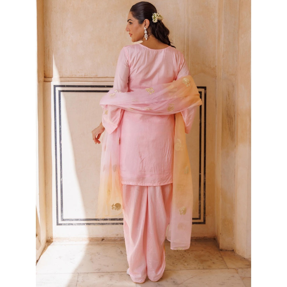 Bannhi Light Pink Silk, Gota Patti Work Kurta With Dhoti and Dupatta