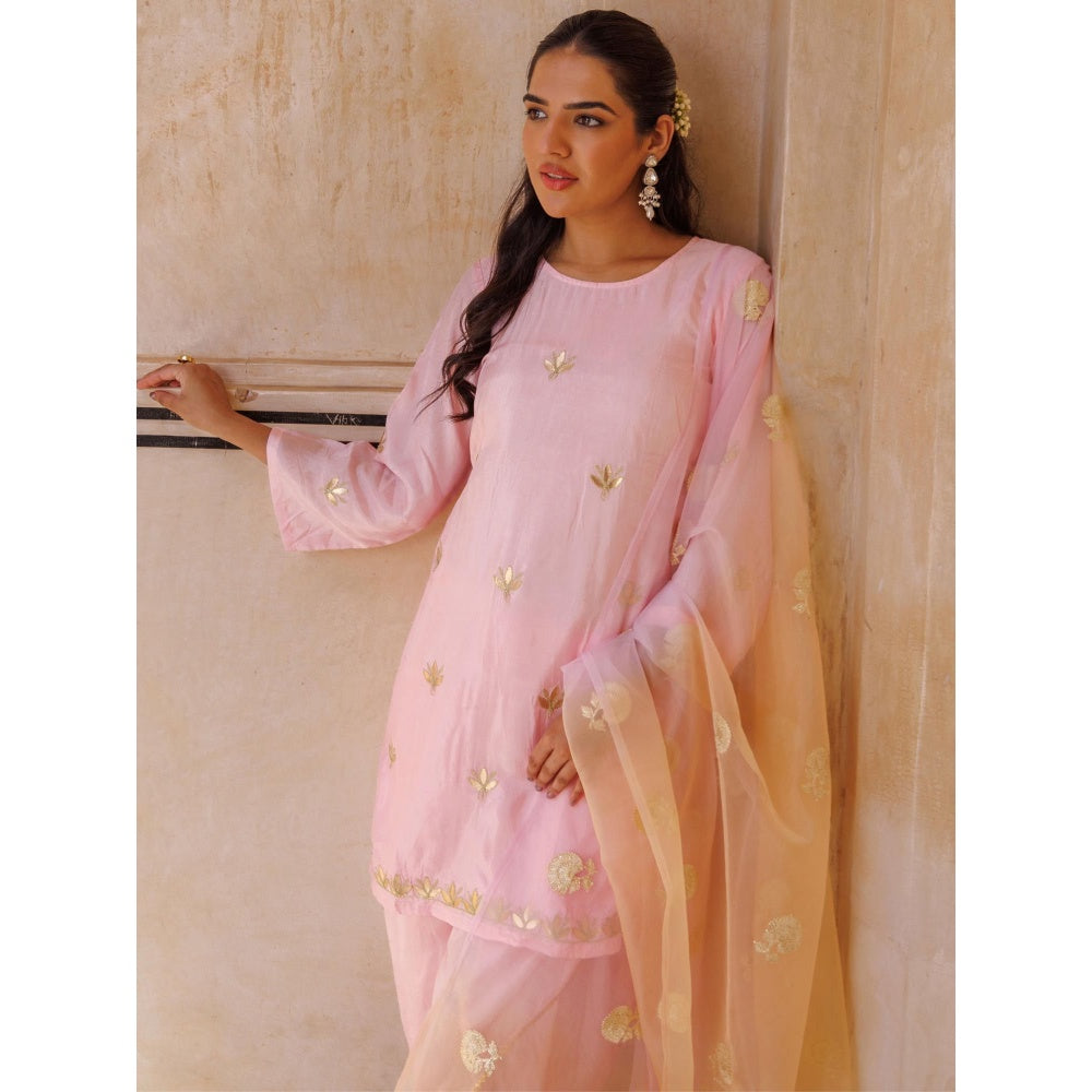 Bannhi Light Pink Silk, Gota Patti Work Kurta With Dhoti and Dupatta