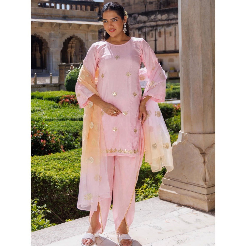 Bannhi Light Pink Silk, Gota Patti Work Kurta With Dhoti and Dupatta