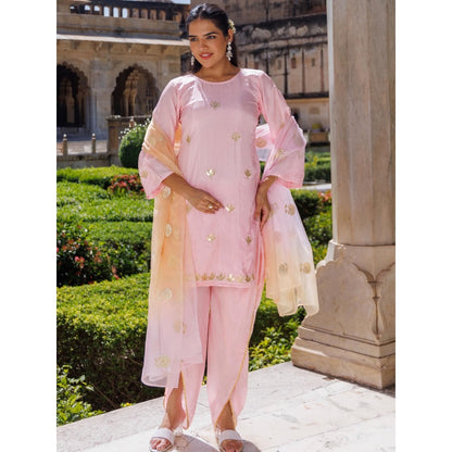 Bannhi Light Pink Silk, Gota Patti Work Kurta With Dhoti and Dupatta