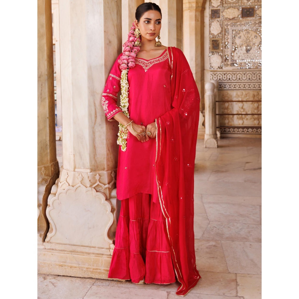 Bannhi Pink Silk, Hand-Embroidered Kurta With Sharara and Dupatta