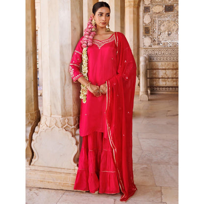 Bannhi Pink Silk, Hand-Embroidered Kurta With Sharara and Dupatta