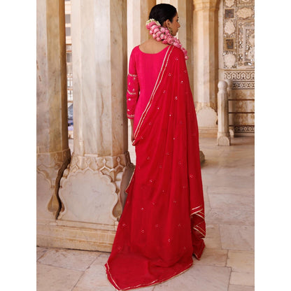 Bannhi Pink Silk, Hand-Embroidered Kurta With Sharara and Dupatta