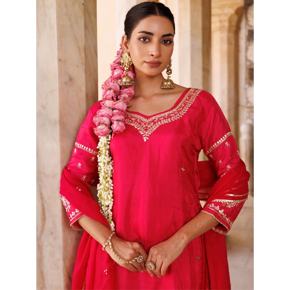 Bannhi Pink Silk, Hand-Embroidered Kurta With Sharara and Dupatta