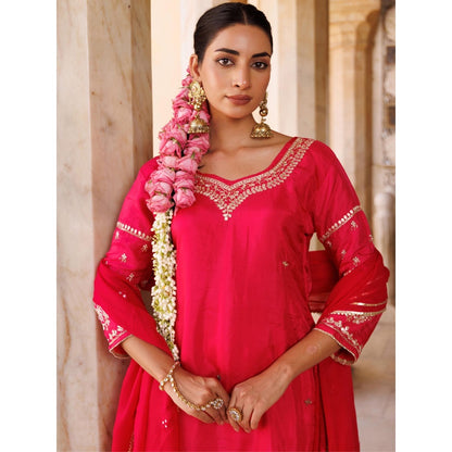 Bannhi Pink Silk, Hand-Embroidered Kurta With Sharara and Dupatta