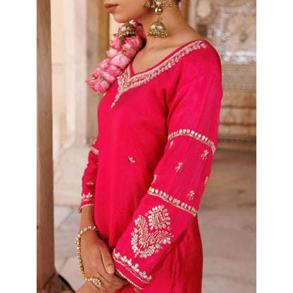 Bannhi Pink Silk, Hand-Embroidered Kurta With Sharara and Dupatta