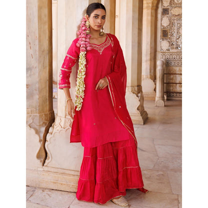 Bannhi Pink Silk, Hand-Embroidered Kurta With Sharara and Dupatta