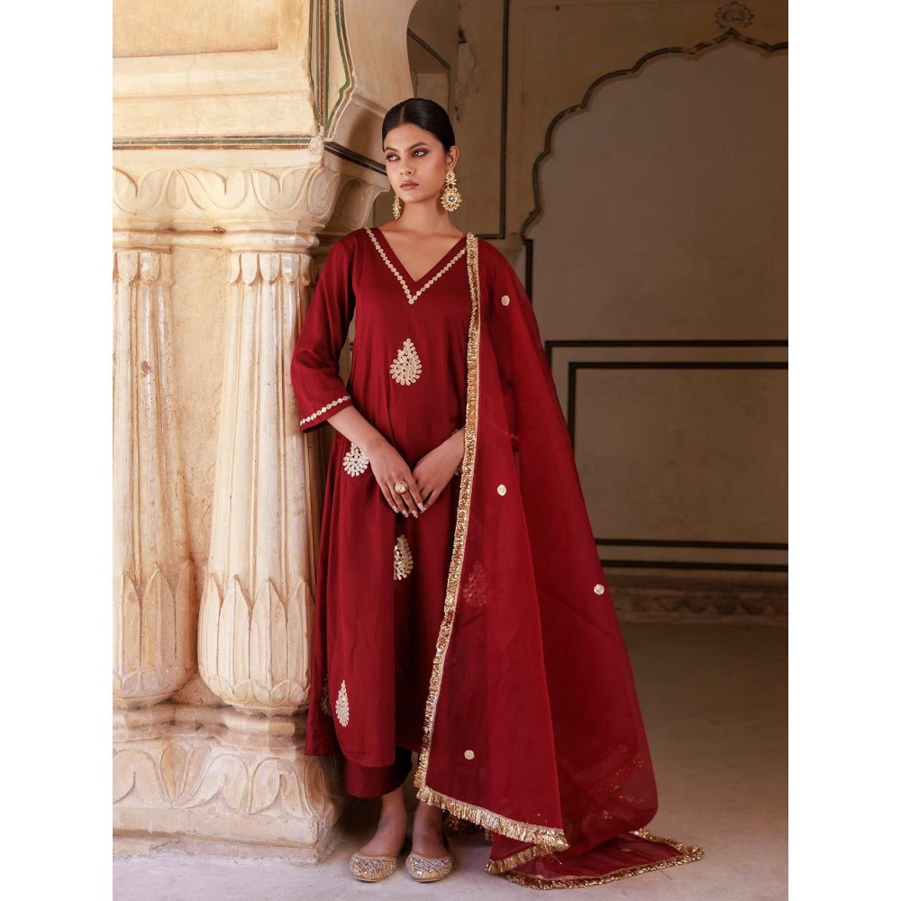 Bannhi Maroon Cotton Silk Gota Patti Work Anarkali With Pant and Dupatta