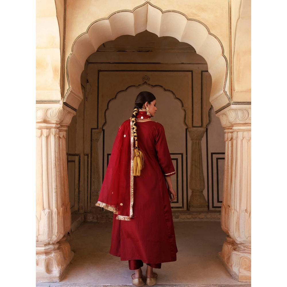 Bannhi Maroon Cotton Silk Gota Patti Work Anarkali With Pant and Dupatta