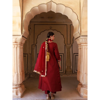 Bannhi Maroon Cotton Silk Gota Patti Work Anarkali With Pant and Dupatta