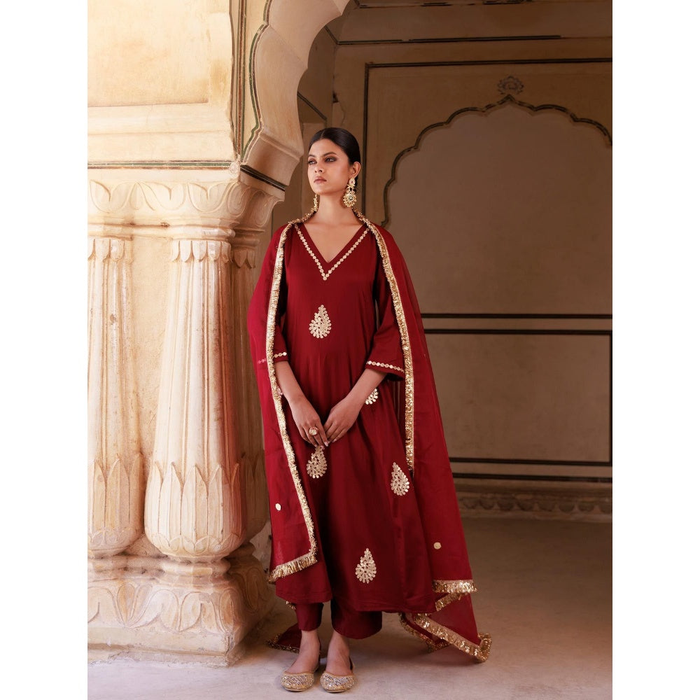 Bannhi Maroon Cotton Silk Gota Patti Work Anarkali With Pant and Dupatta