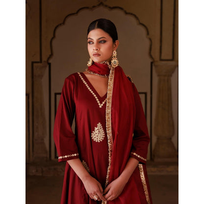 Bannhi Maroon Cotton Silk Gota Patti Work Anarkali With Pant and Dupatta