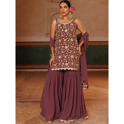 Bannhi Mauve Crepe, Embroidered Kurta With Sharara and Dupatta