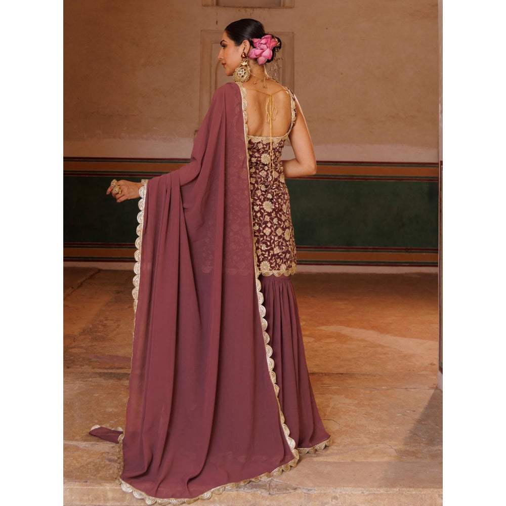 Bannhi Mauve Crepe, Embroidered Kurta With Sharara and Dupatta