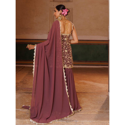 Bannhi Mauve Crepe, Embroidered Kurta With Sharara and Dupatta