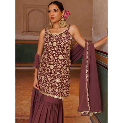Bannhi Mauve Crepe, Embroidered Kurta With Sharara and Dupatta