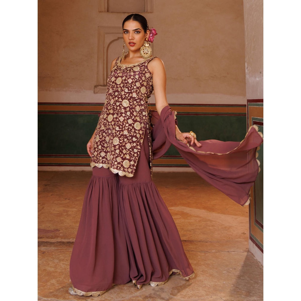 Bannhi Mauve Crepe, Embroidered Kurta With Sharara and Dupatta