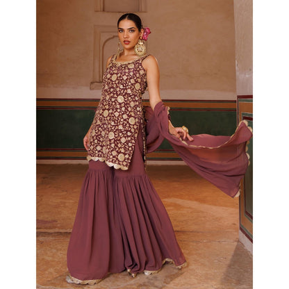 Bannhi Mauve Crepe, Embroidered Kurta With Sharara and Dupatta