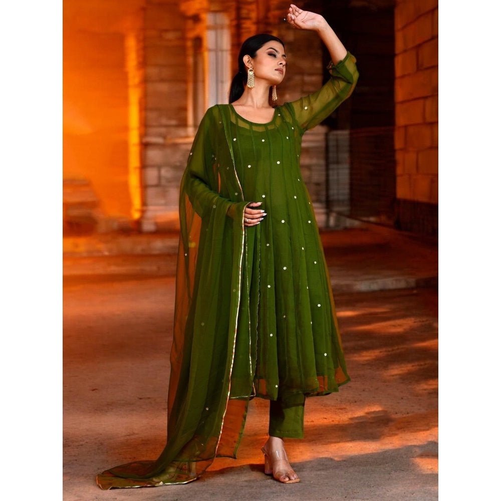 Bannhi Olive Green Georgette Anarkali With Pant and Dupatta
