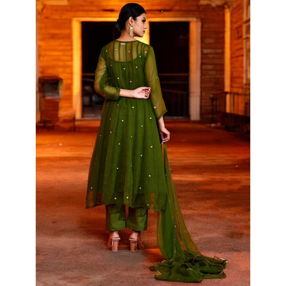 Bannhi Olive Green Georgette Anarkali With Pant and Dupatta
