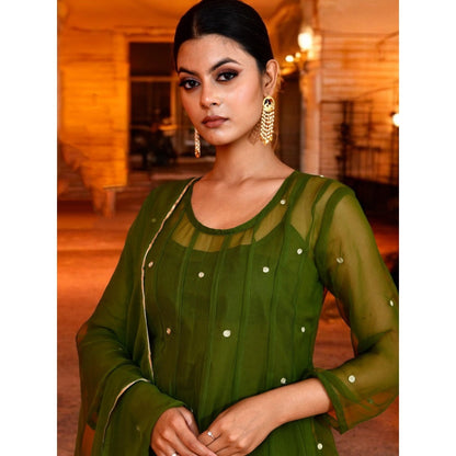 Bannhi Olive Green Georgette Anarkali With Pant and Dupatta