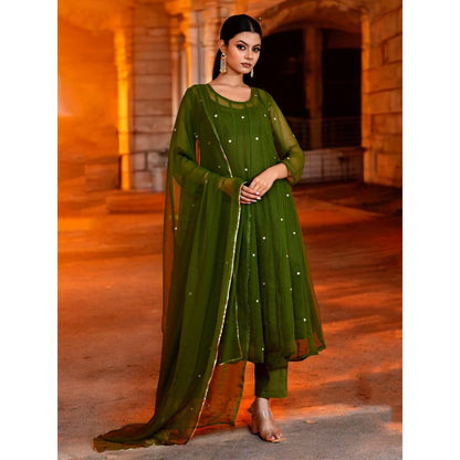 Bannhi Olive Green Georgette Anarkali With Pant and Dupatta