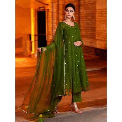 Bannhi Olive Green Georgette Anarkali With Pant and Dupatta