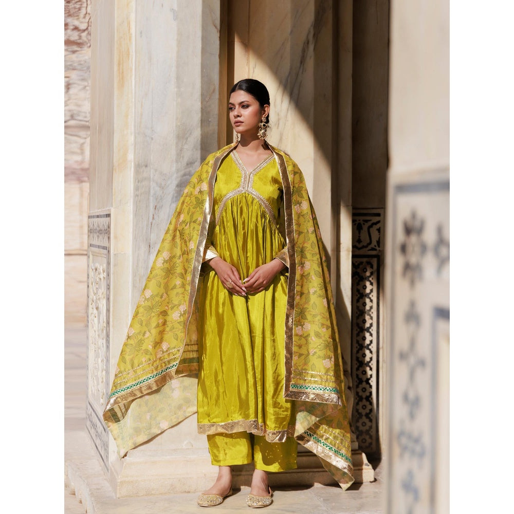 Bannhi Olive Yellow Uppada Silk Kurta With Pant and Printed Chanderi Dupatta