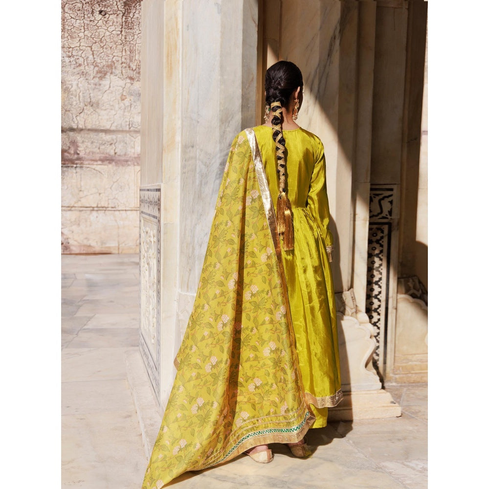 Bannhi Olive Yellow Uppada Silk Kurta With Pant and Printed Chanderi Dupatta